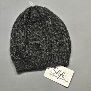 BHFO Women Winter Cable Knit Hat Beanie ONE SIZE Black Preppy Silver Metallic